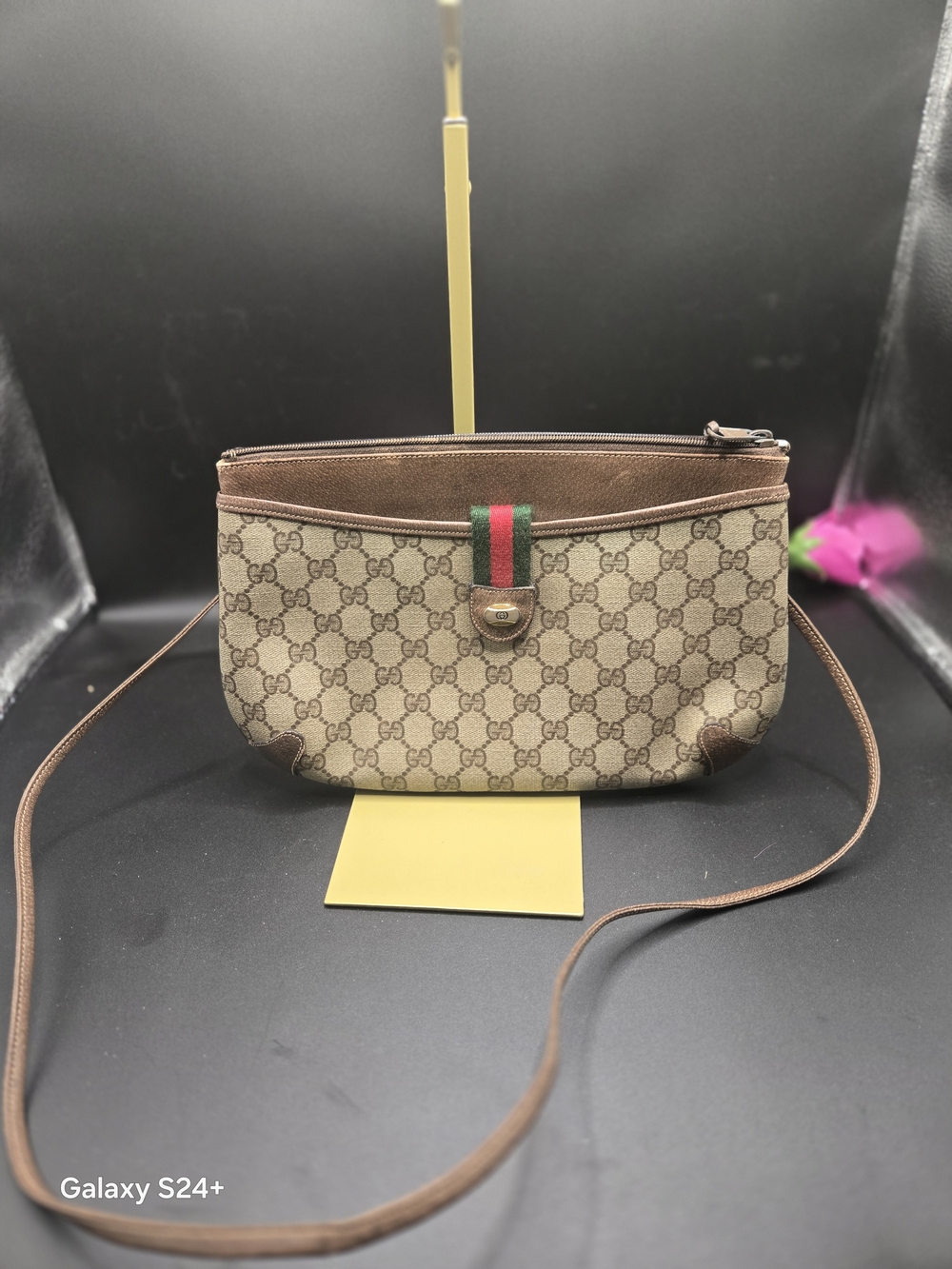 Gucci Brown Monogram Crossbody Bag with Web Stripe
